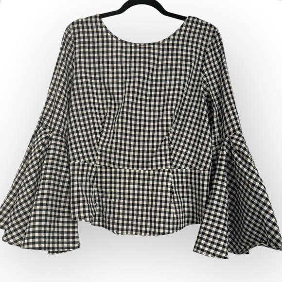 (SOLD) NANETTE LEPORE Gingham Bell-Sleeve Top, Large, Black/White - Picture 4 of 13